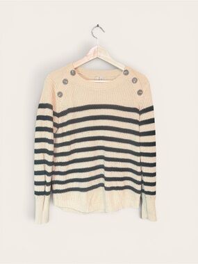 Misia Cream and Black Striped Button-Shoulder Sweater